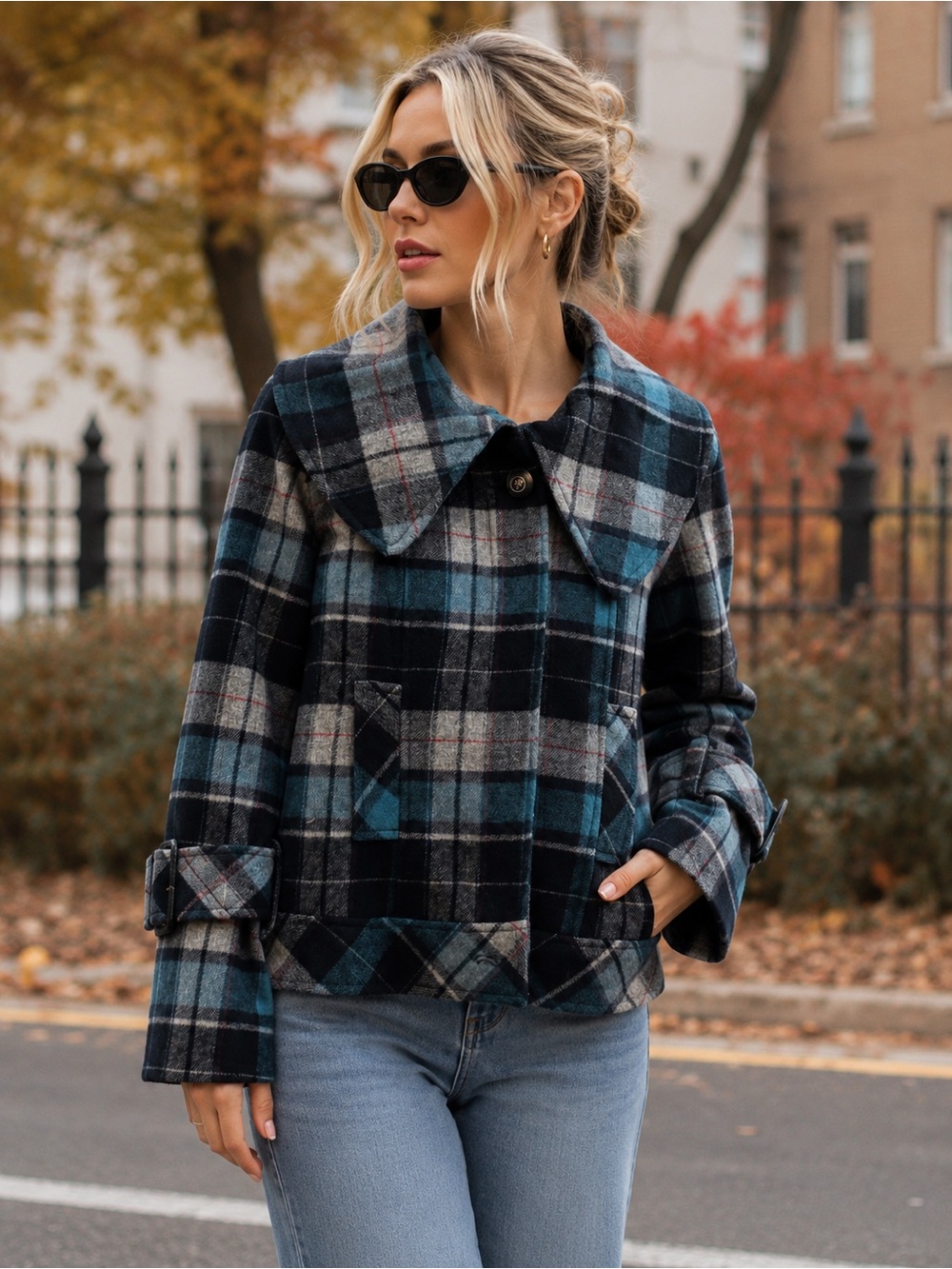 Vintage Della Spiga Wool Blend Turquoise Navy Plaid Swing Coat size 6